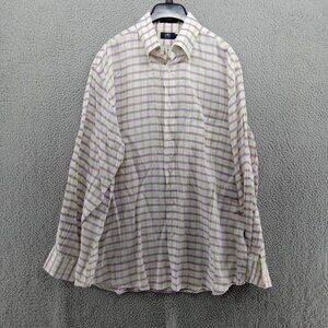 Lincs Shirt Mens Large White Green Purple 100% Linen Button‎ Down David Chu